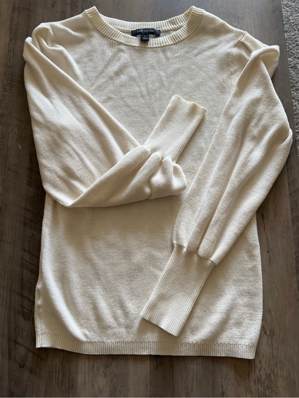 Ann Taylor Cream Crewneck Sweater with Puff Sleeves